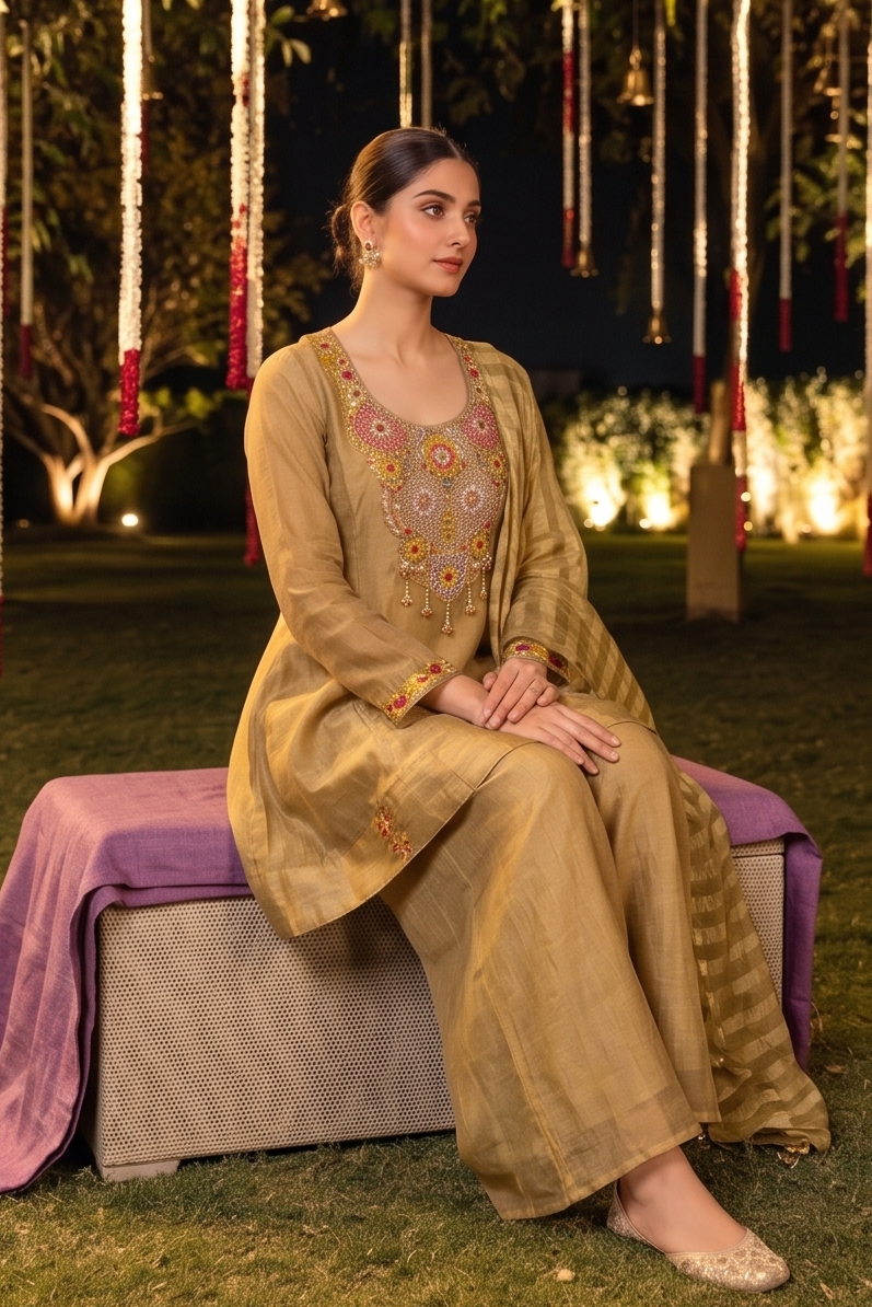 Metallic Gold Embellished Shimmer Silk Palazzo Set