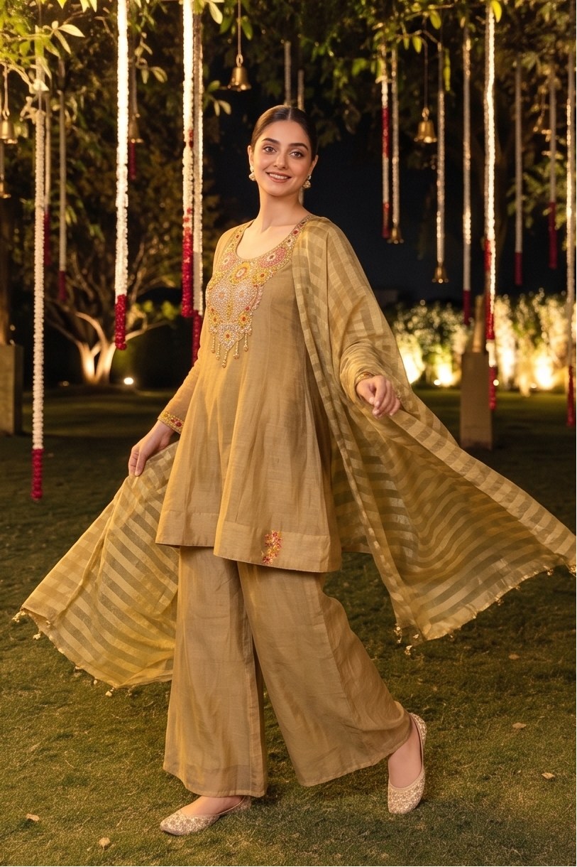 Metallic Gold Embellished Shimmer Silk Palazzo Set