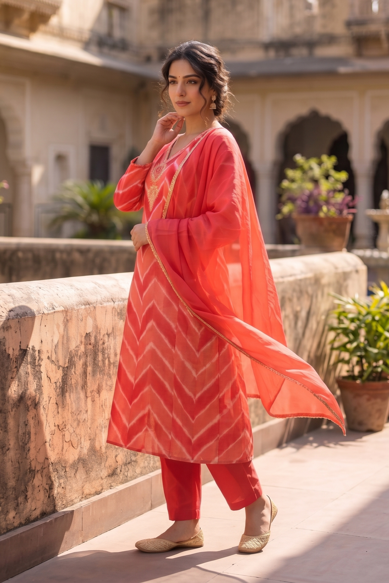 Coral-Pink Chevron Suit Set