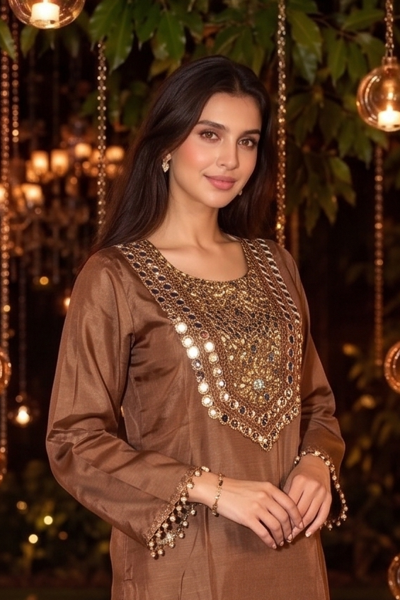Cocoa Embellished Shimmer Satin Silk Pant Set