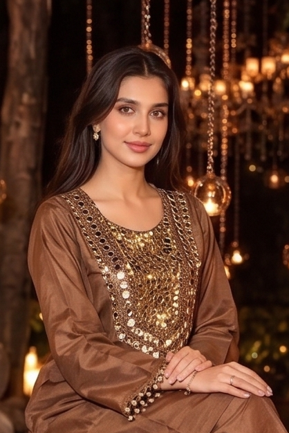 Cocoa Embellished Shimmer Satin Silk Pant Set
