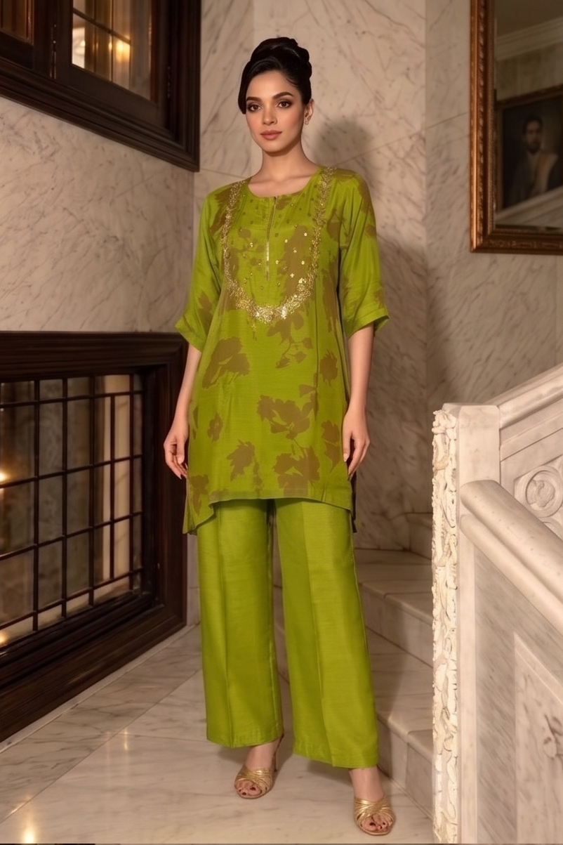 Olive Green Embellished  Crepe Silk Co-Ord Set
