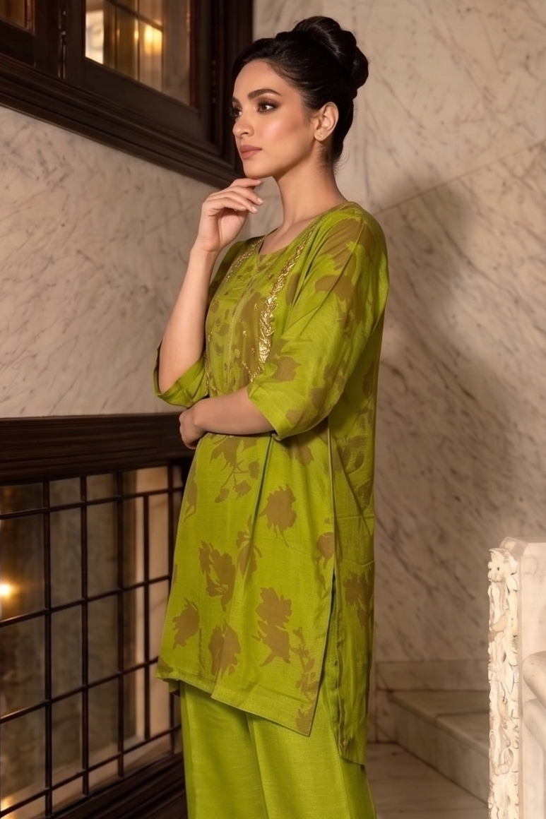 Olive Green Embellished  Crepe Silk Co-Ord Set