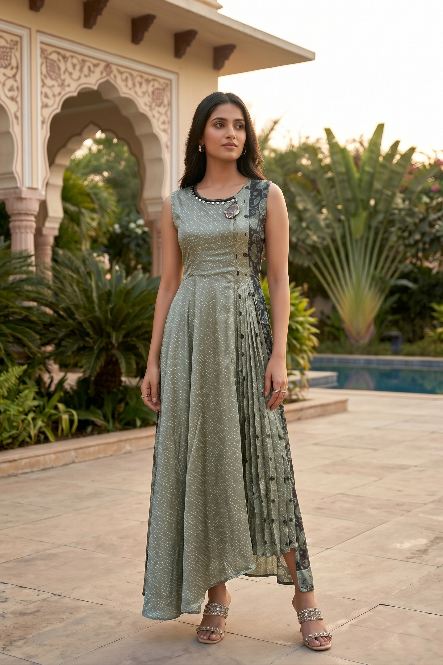 Platinum Grey Printed Satin Silk Long Dress