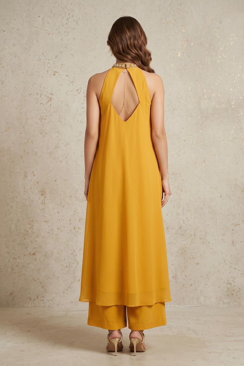 Mustard Yellow Embellished Georgette Silk Palazzo Set