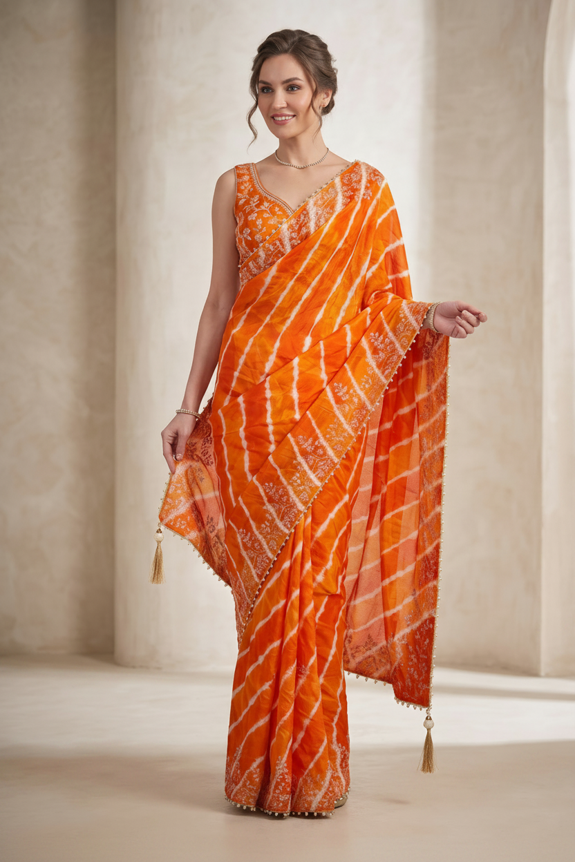 Orange Embellished Crepe Silk Leheriya Saree