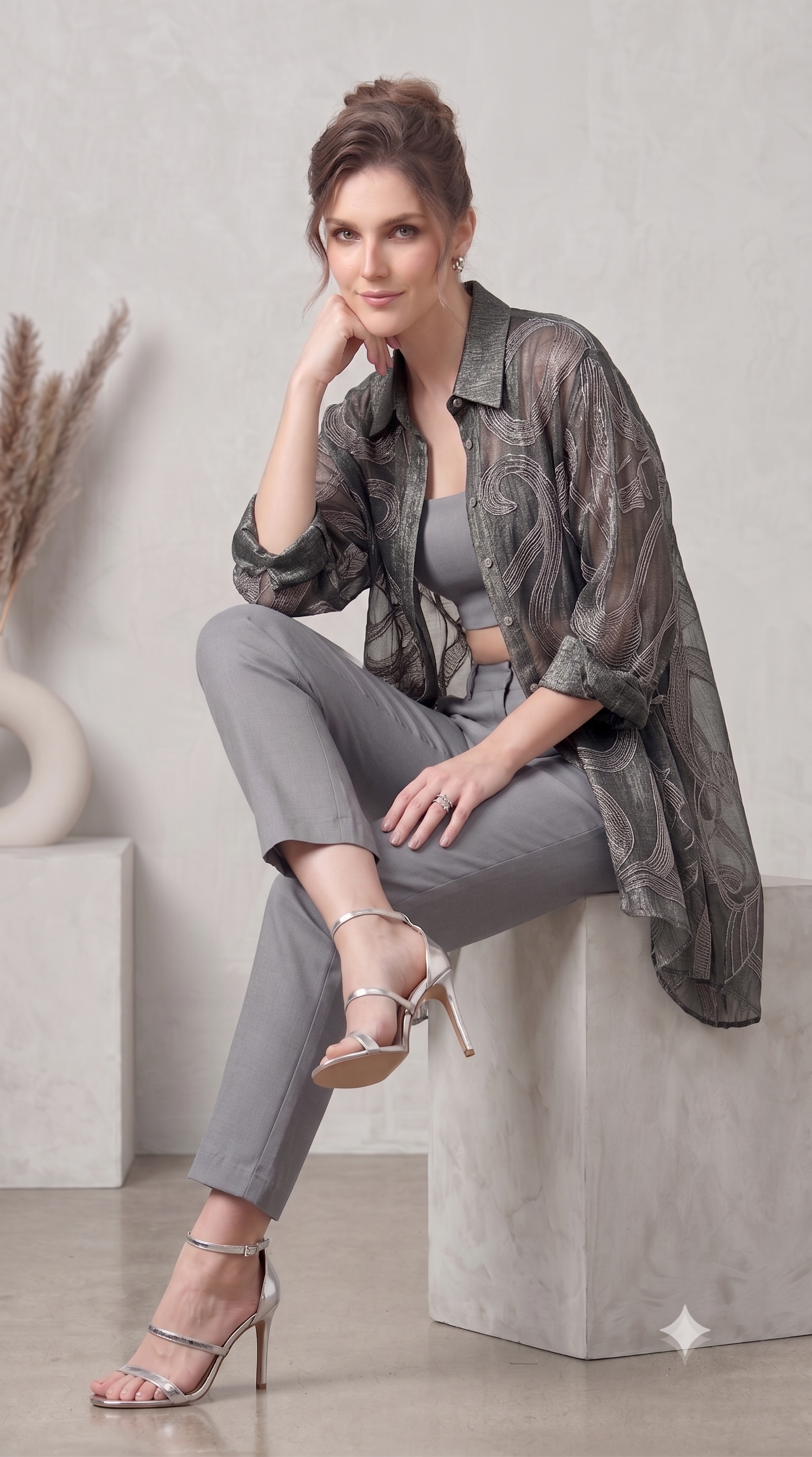 Sterling Grey Embroidered Organza Silk Co-Ord Set