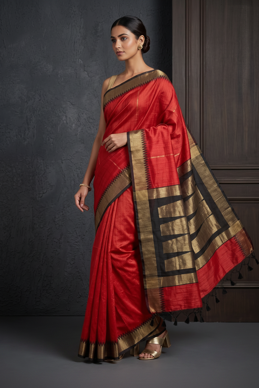 Vibrant Red Zari Handloom Tussar Silk Saree