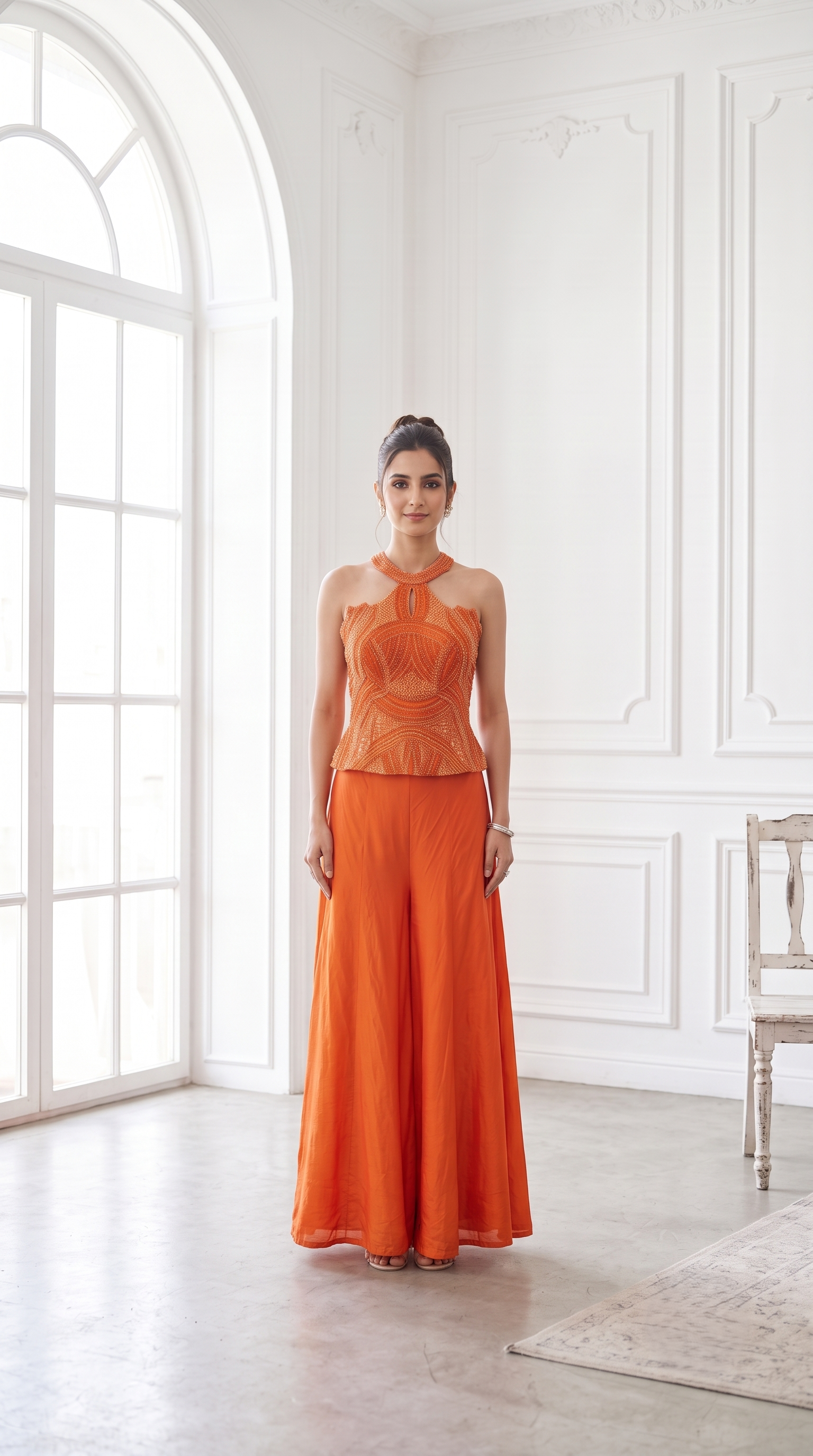 Vibrant Orange Embellished Premium Georgette Palazzo Set