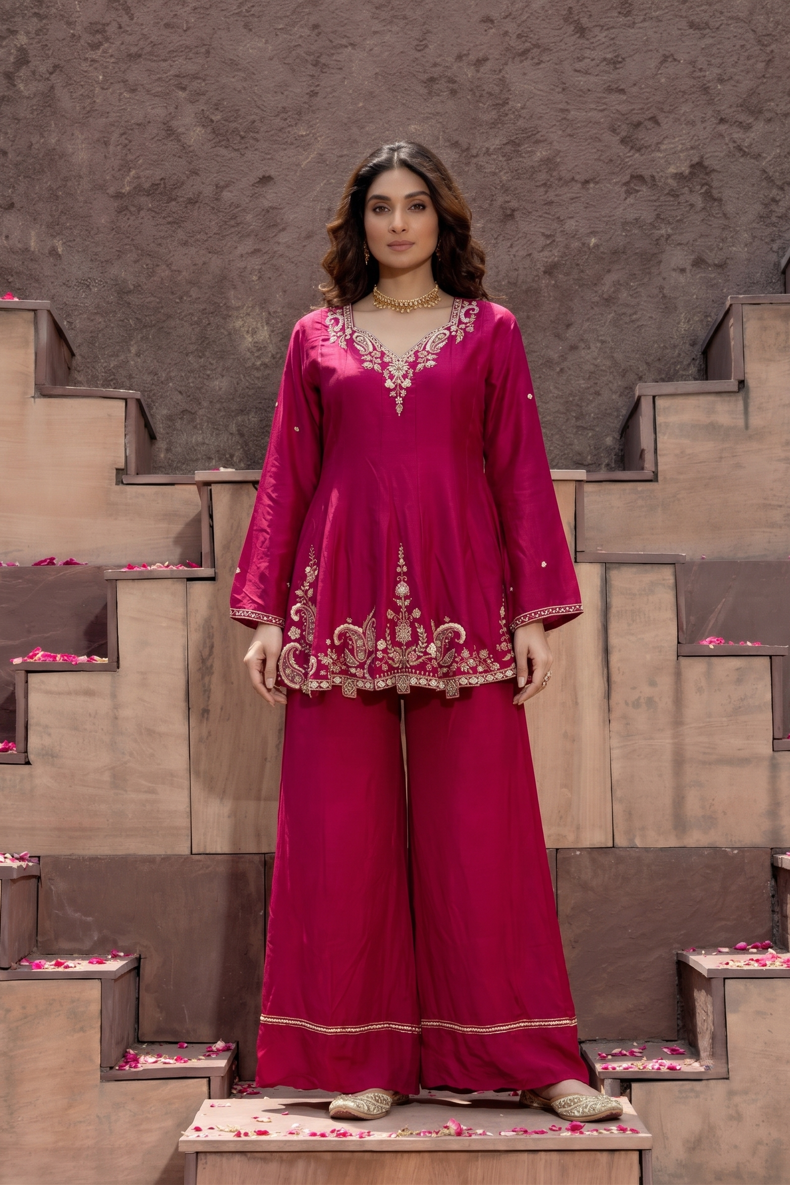 Magenta Luxe Embellished Crepe Silk Palazzo Set