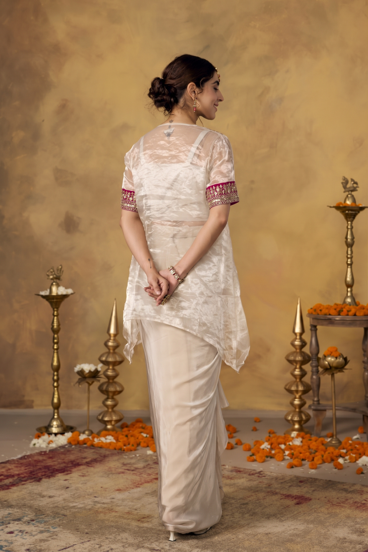 Champagne Pink Embellished Crepe Silk Skirt Set