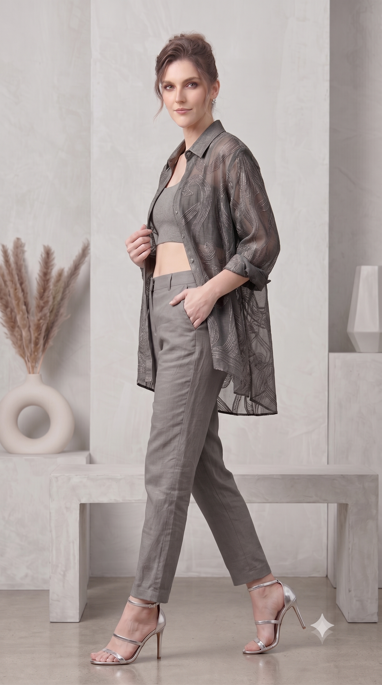 Sterling Grey Embroidered Organza Silk Co-Ord Set