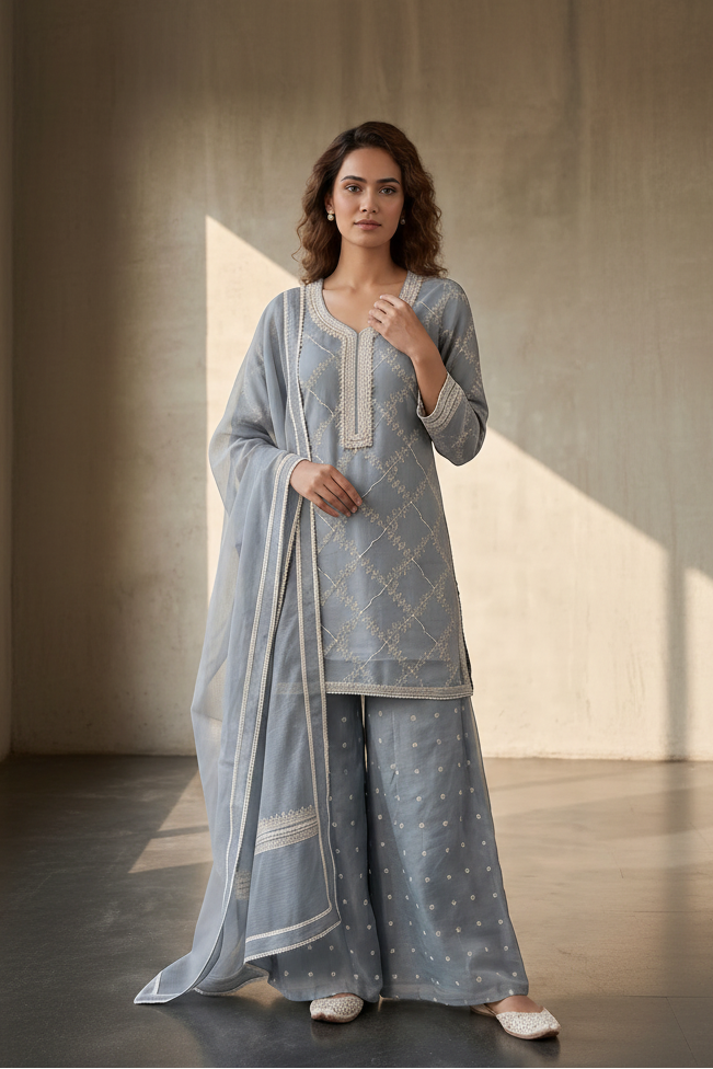 Slate Grey Embroidered Mul-Chanderi Silk Suit Set