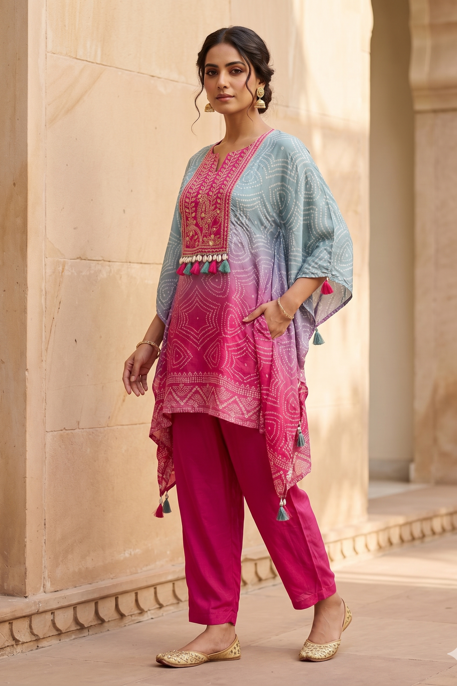 Pink Ombre Bandhej Kaftan Set