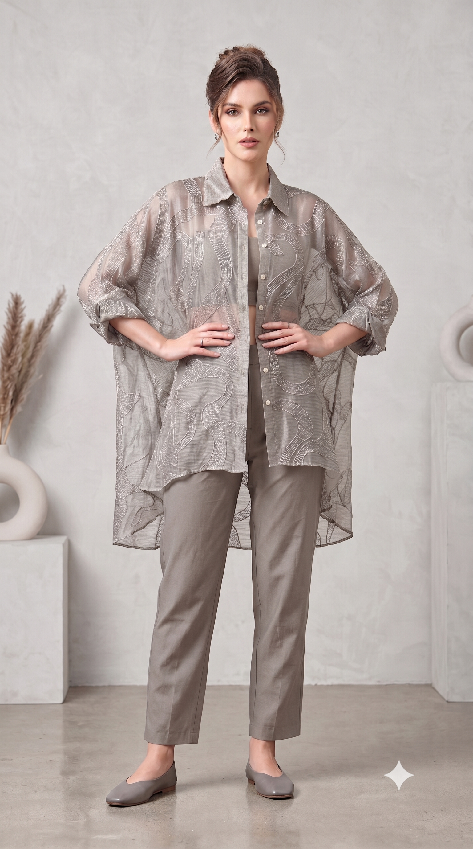 Grey Mist Embroidered Organza Silk Co-Ord Set