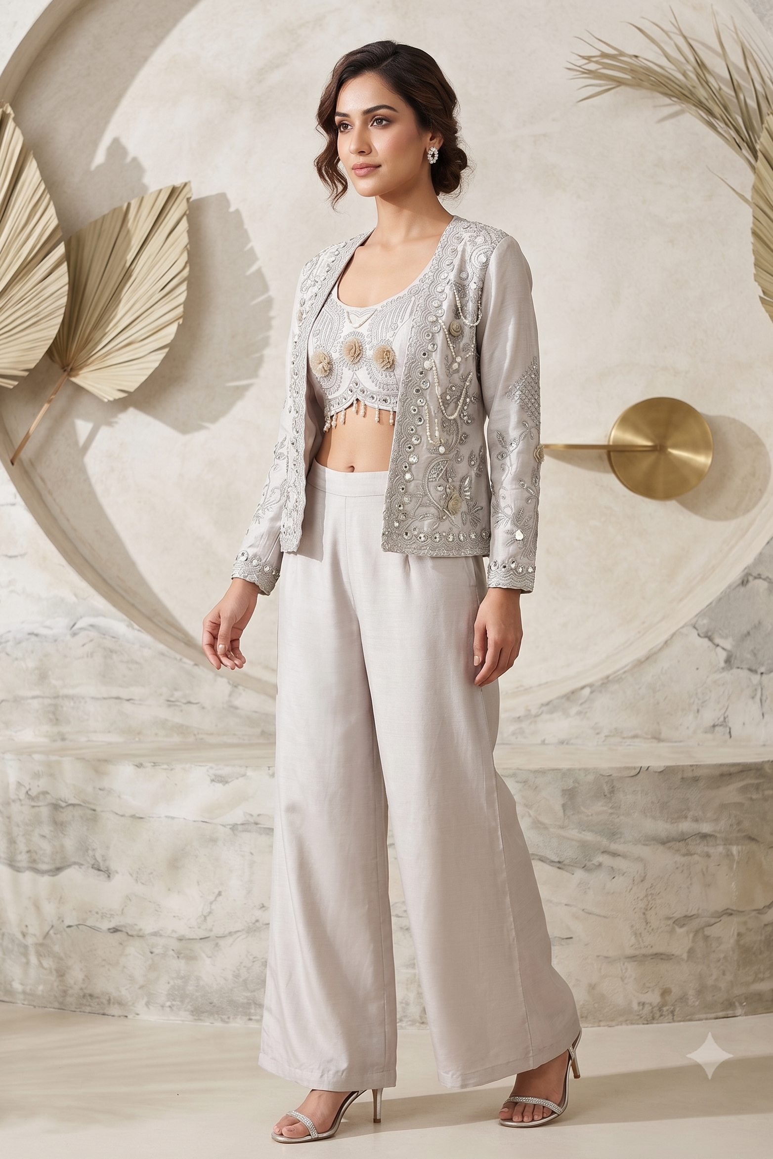 Silver Frost Embellished Crepe Silk Palazzo Set