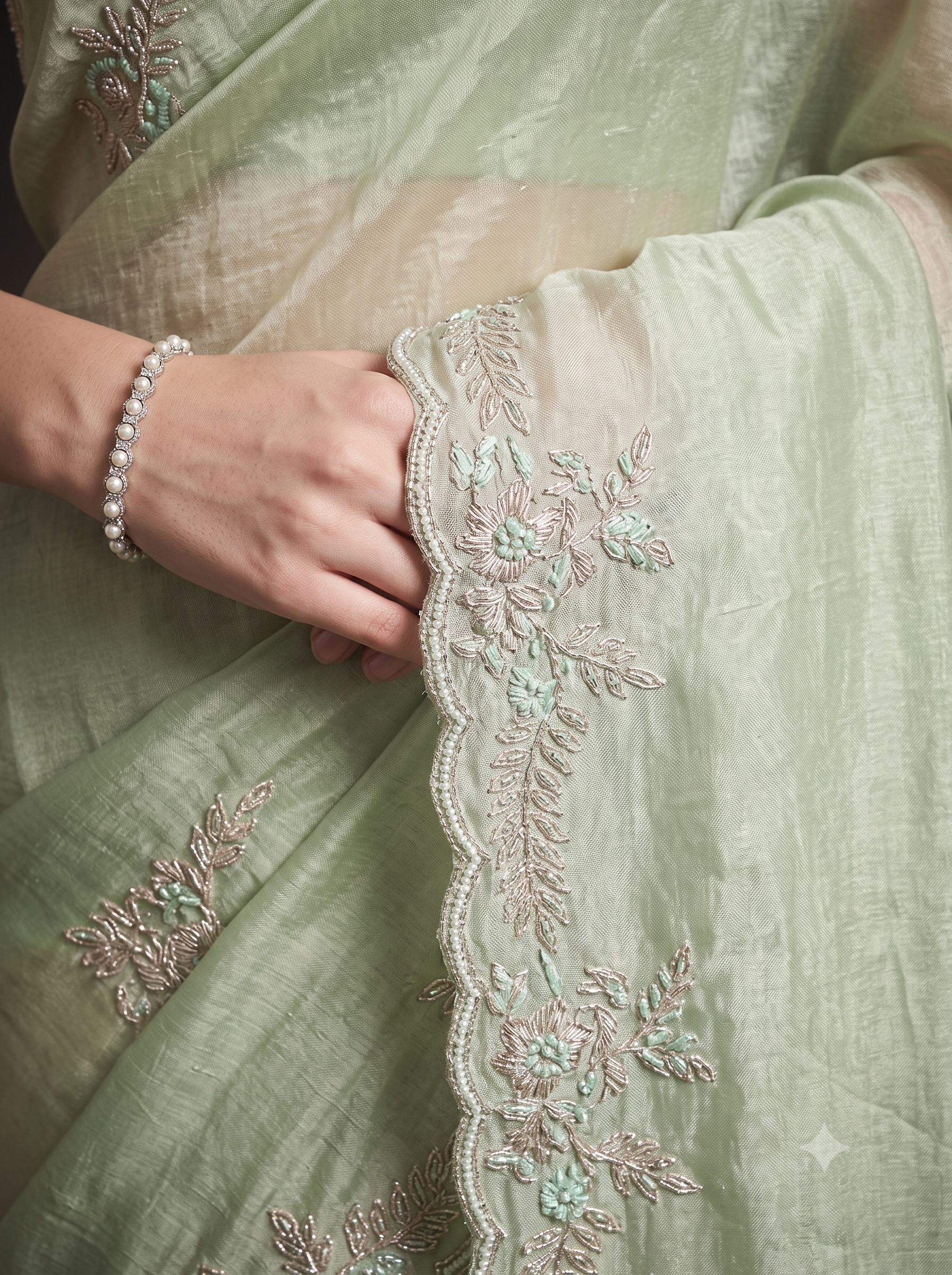Pastel Green Embellished Tissue Silk Saree