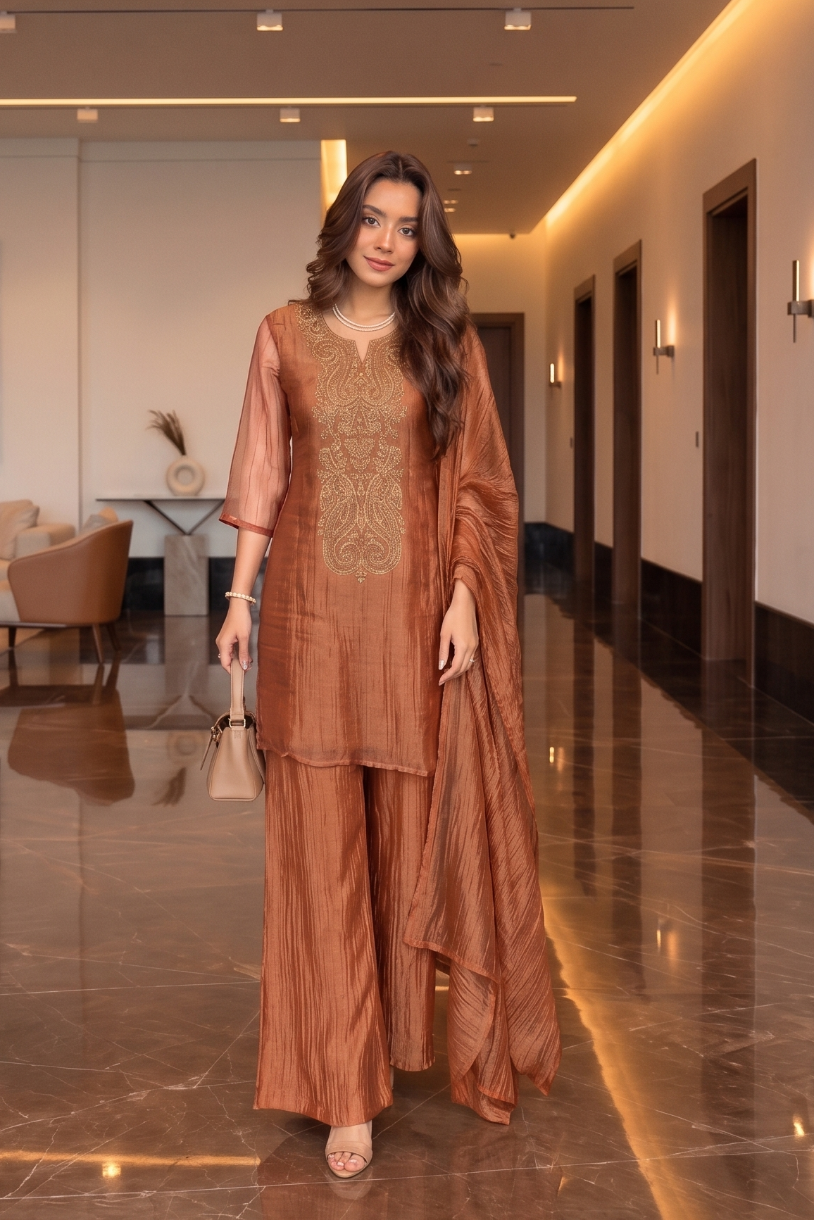 Peach Gold Embellished Tissue Silk Palazzo Set