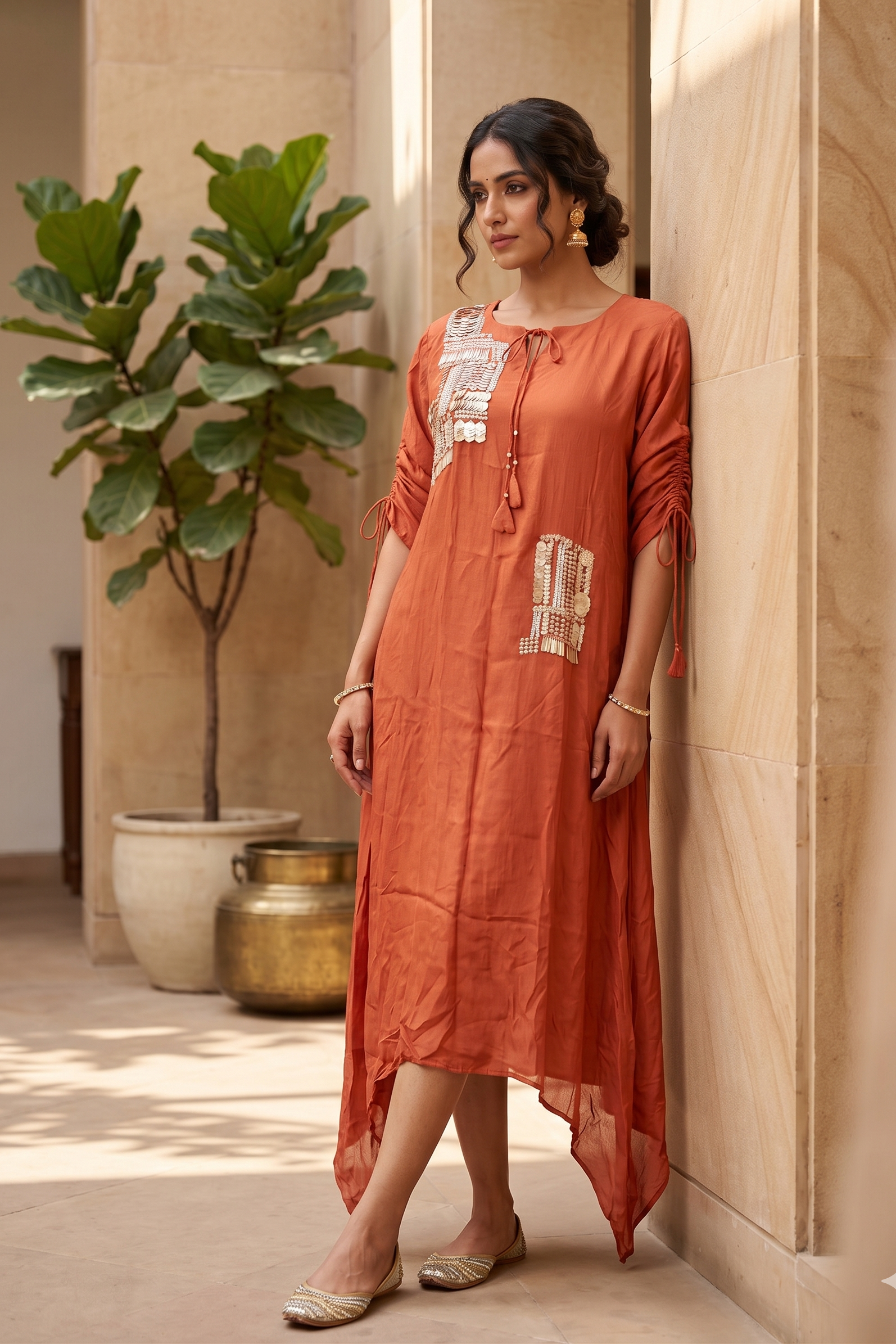 Rust Orange Embellished Chinon Silk Dress