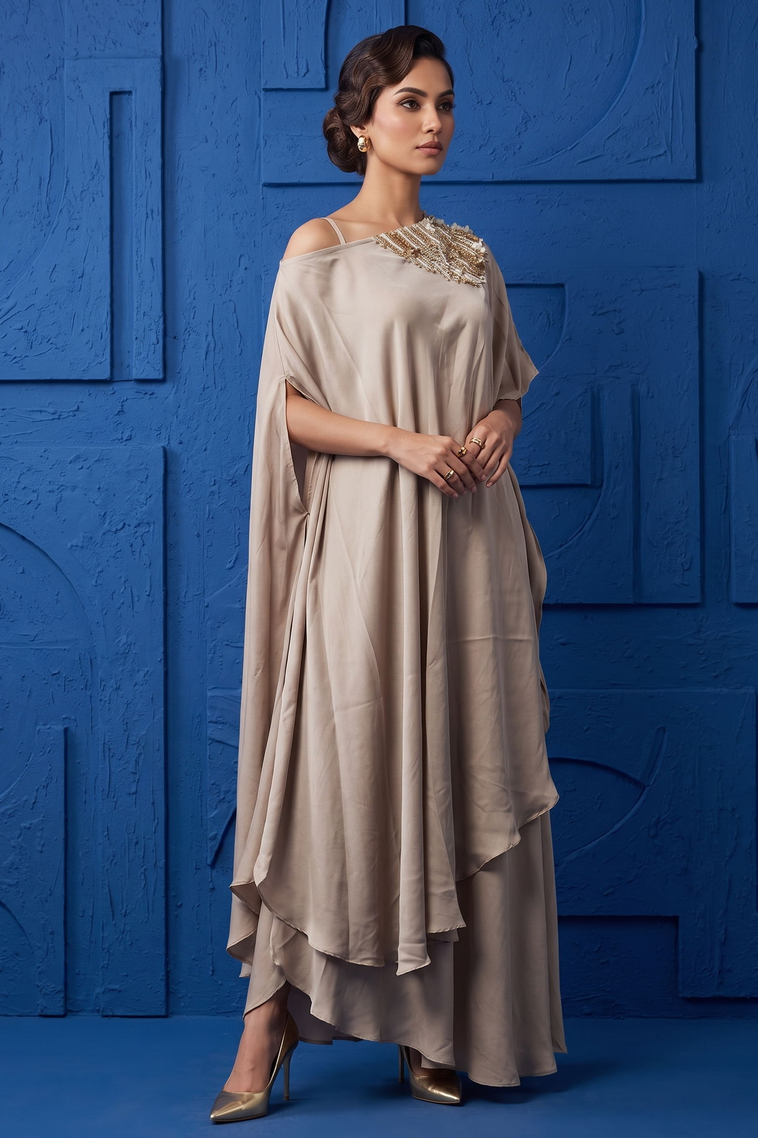 Champagne Beige Embellished Georgette Silk Skirt Set