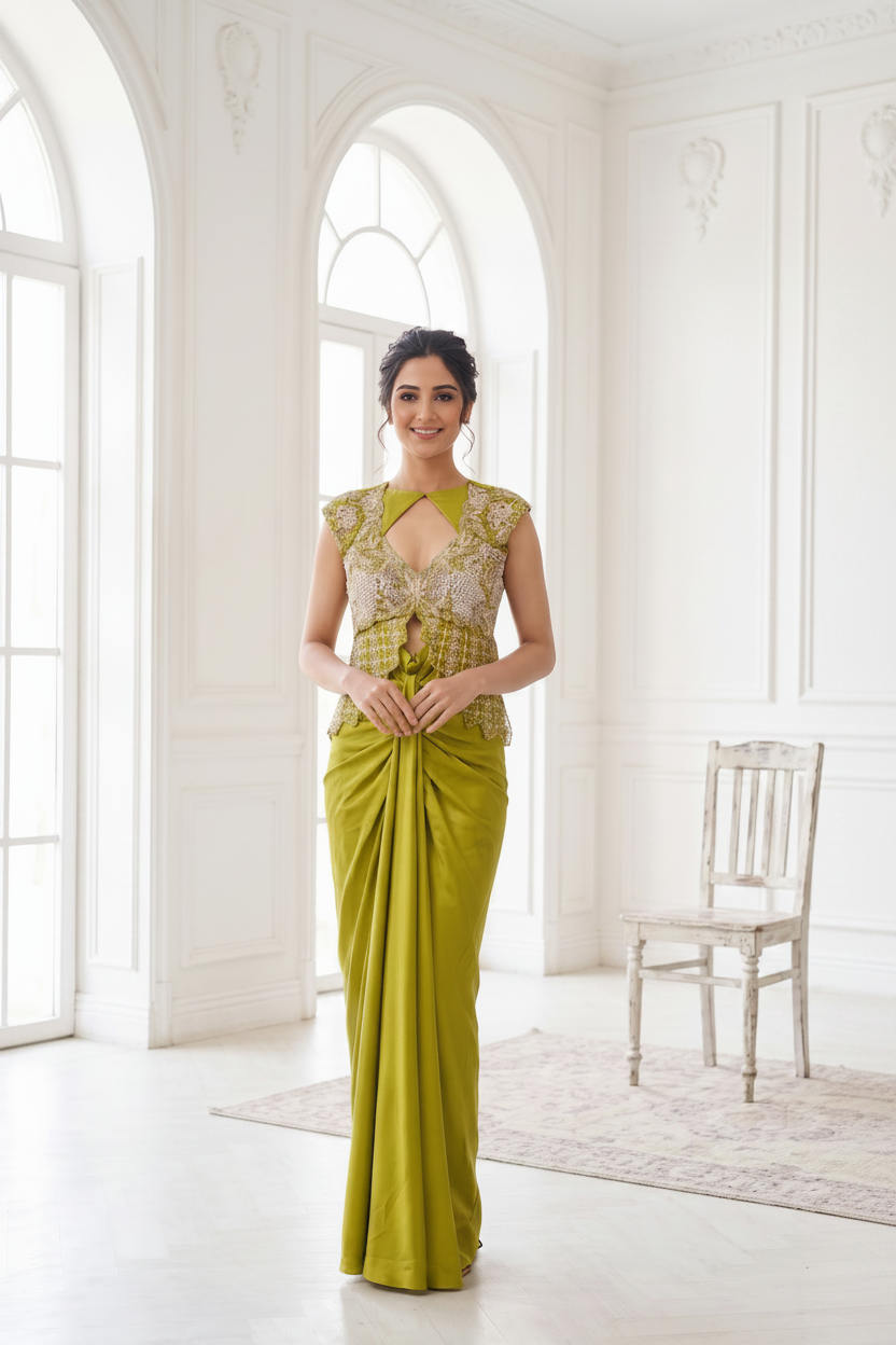 Lime Aura Embellished Satin Silk Skirt Set