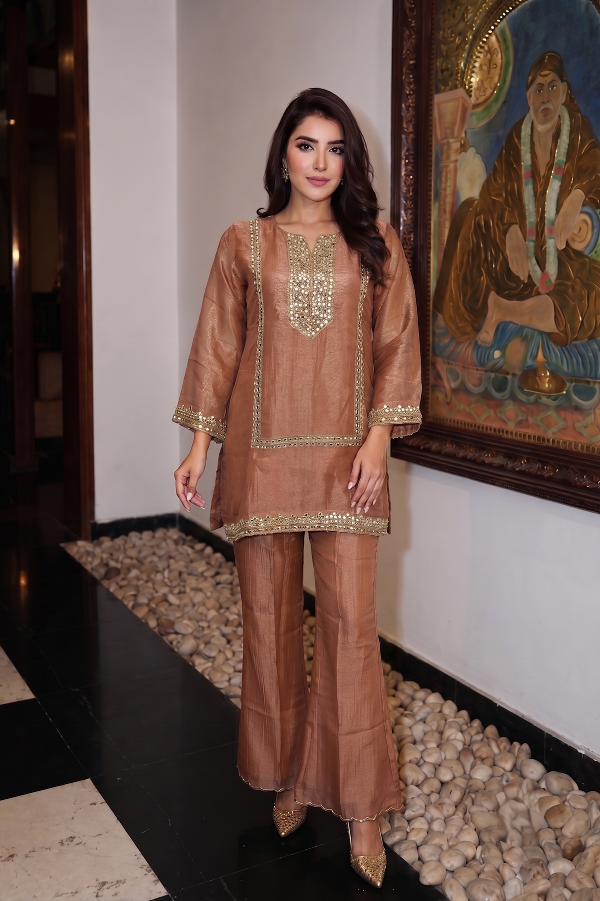 Dusty Rose Embellished Tissue Silk Palazzo Set
