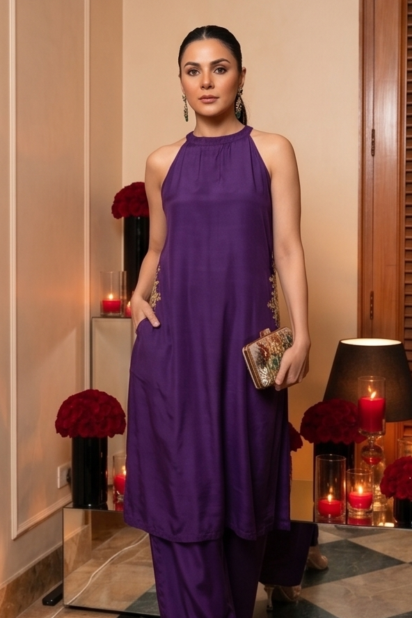 Heather Purple Embellished Crepe Silk Palazzo Set
