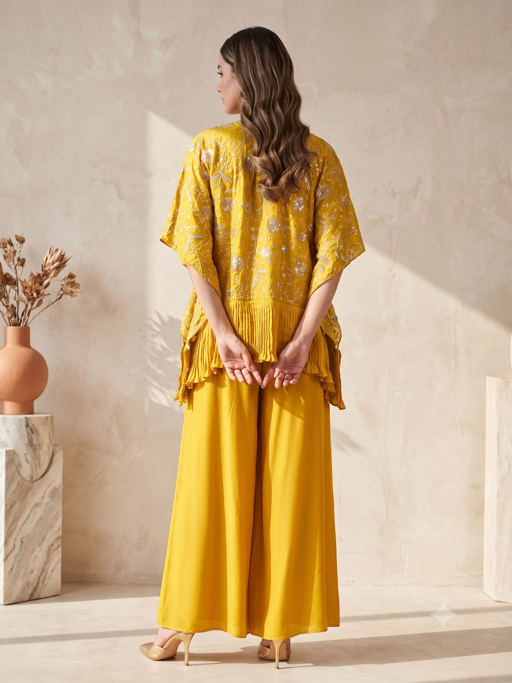 Mustard Embellished Chinon Silk Kaftan Set