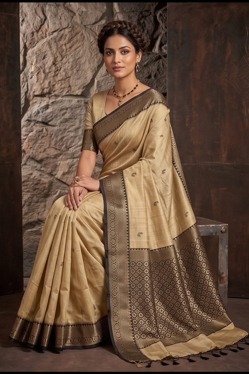 Olive Gold Zari Handloom Tussar Silk Saree