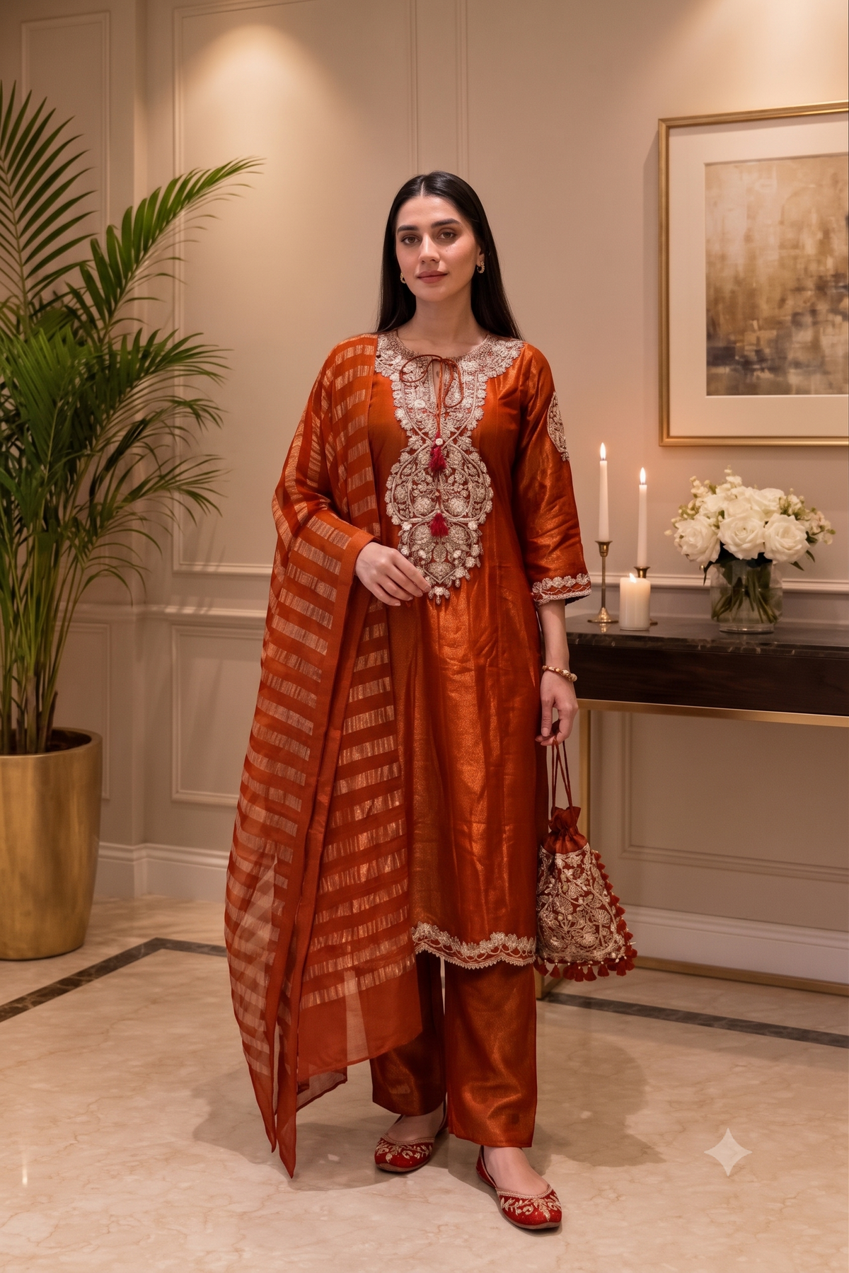 Rich Burnt Orange Embellished Shimmer Tissue Silk Pant Set