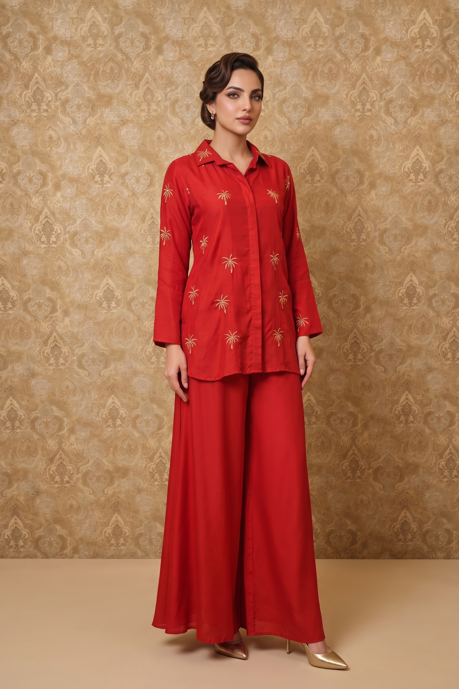 Rust Red Embellished Crepe Silk Co-Ord Set