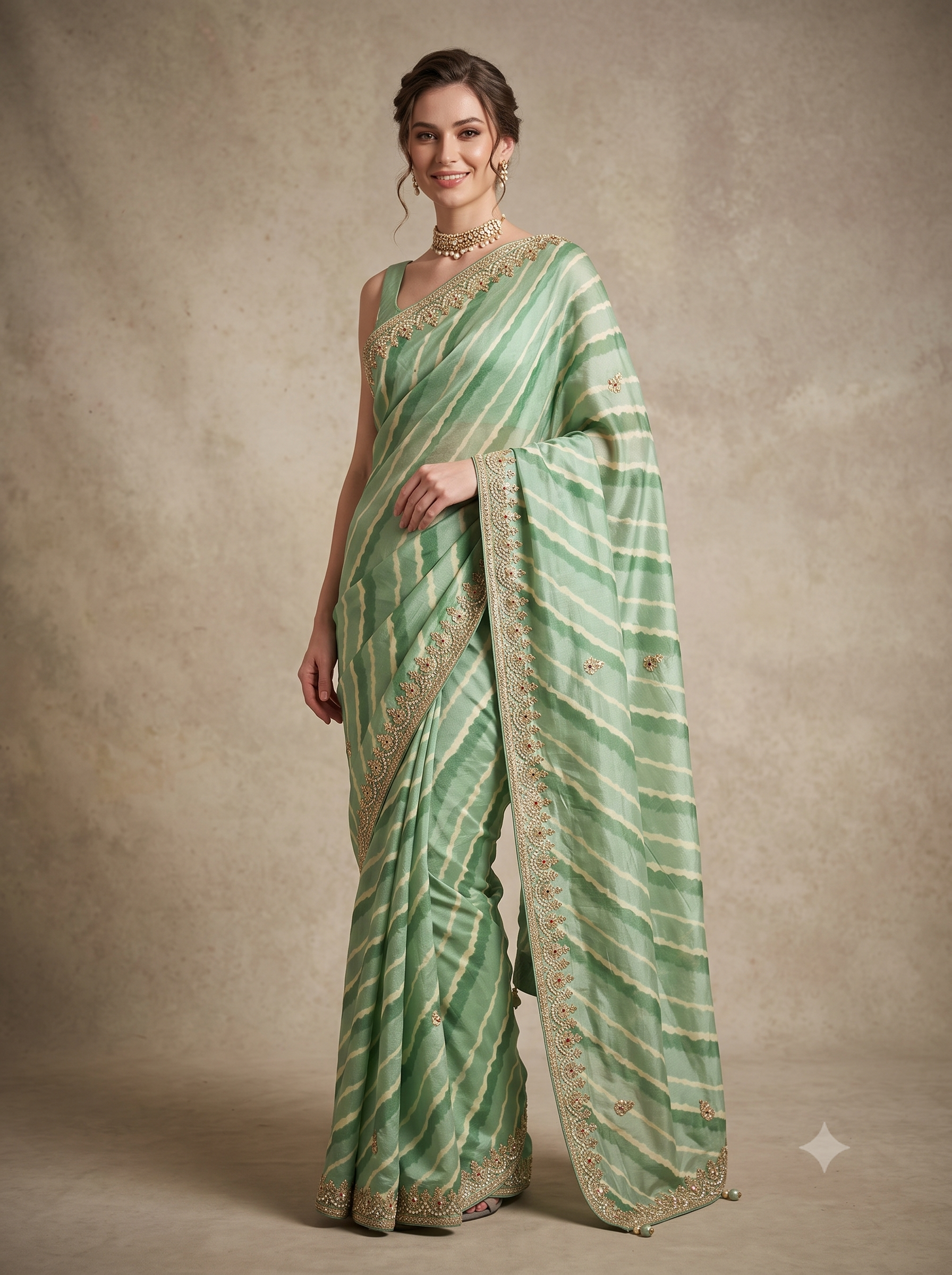 Pastel Green Embellished Tussar Silk Leheriya Saree