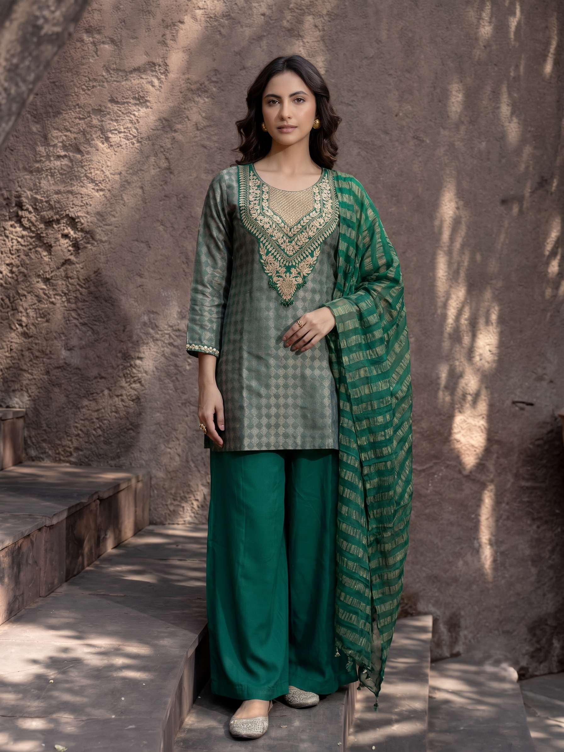Emerald Green Embellished Shimmer Tissue Silk Palazzo Set
