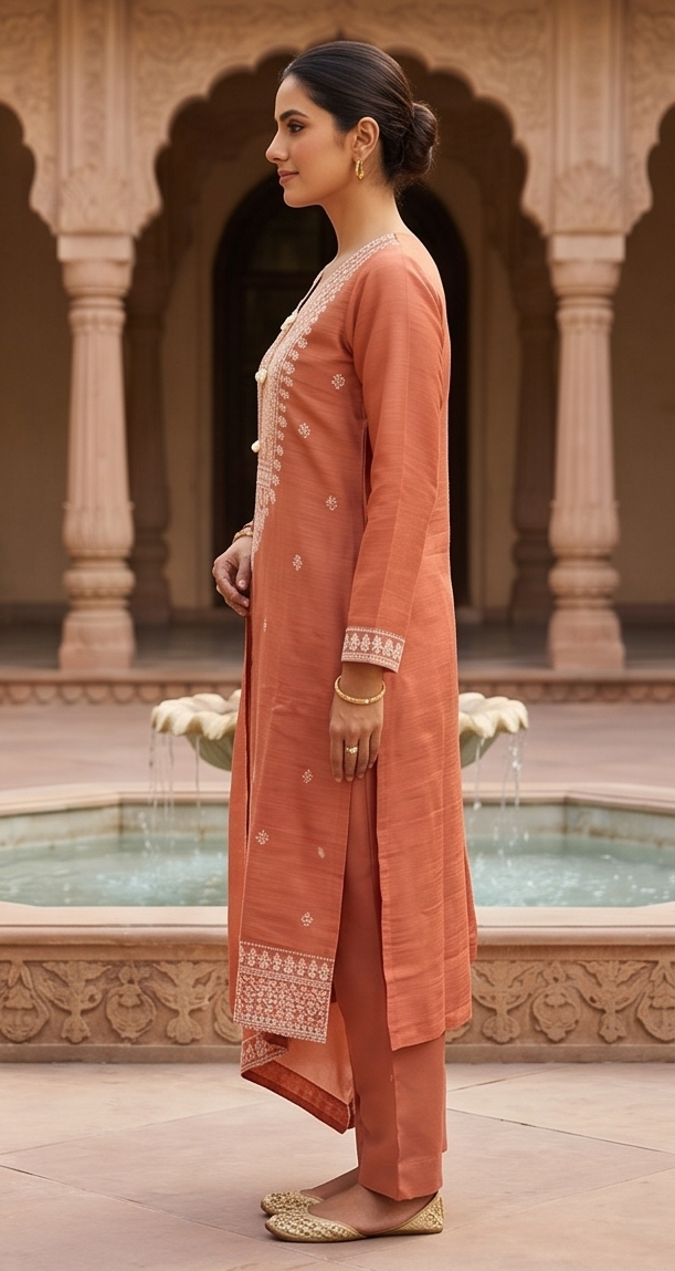 Apricot Embroidered Mul-Chanderi Silk Pant Set