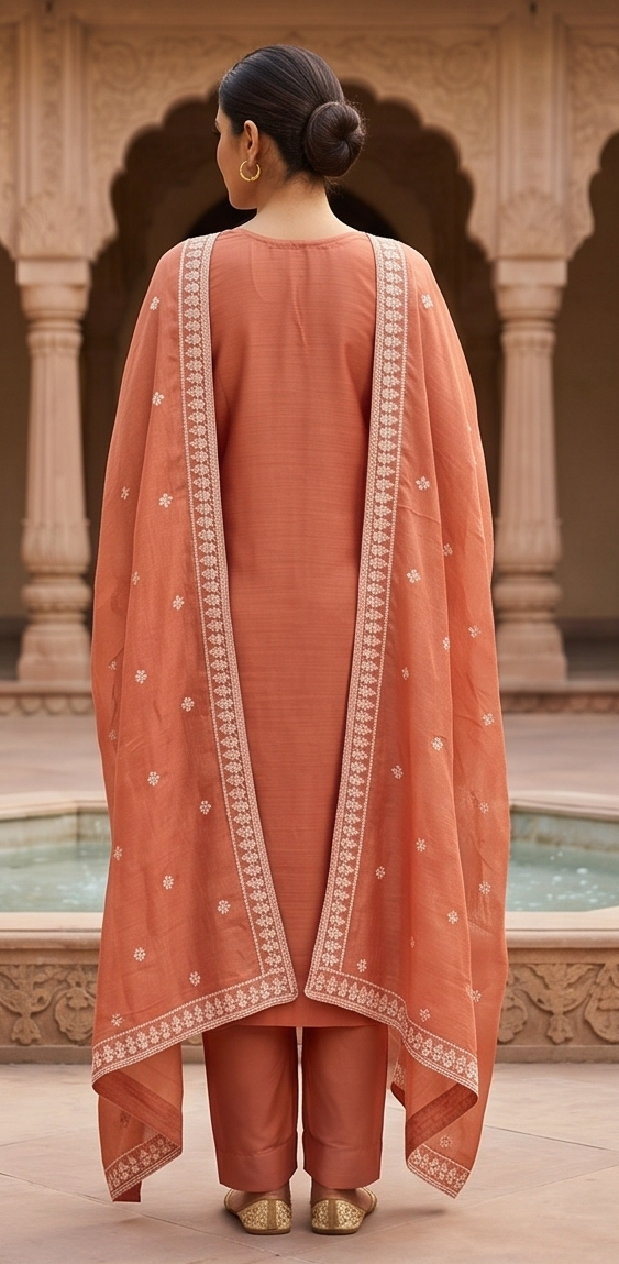 Apricot Embroidered Mul-Chanderi Silk Pant Set