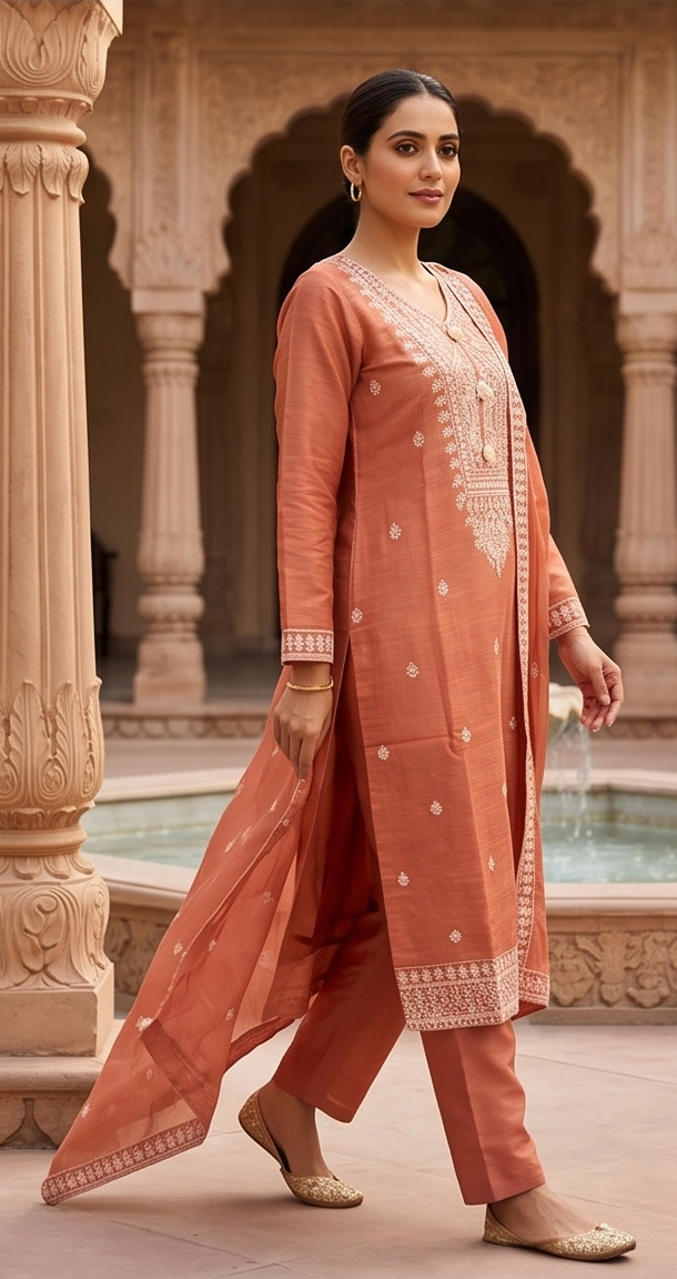 Apricot Embroidered Mul-Chanderi Silk Pant Set