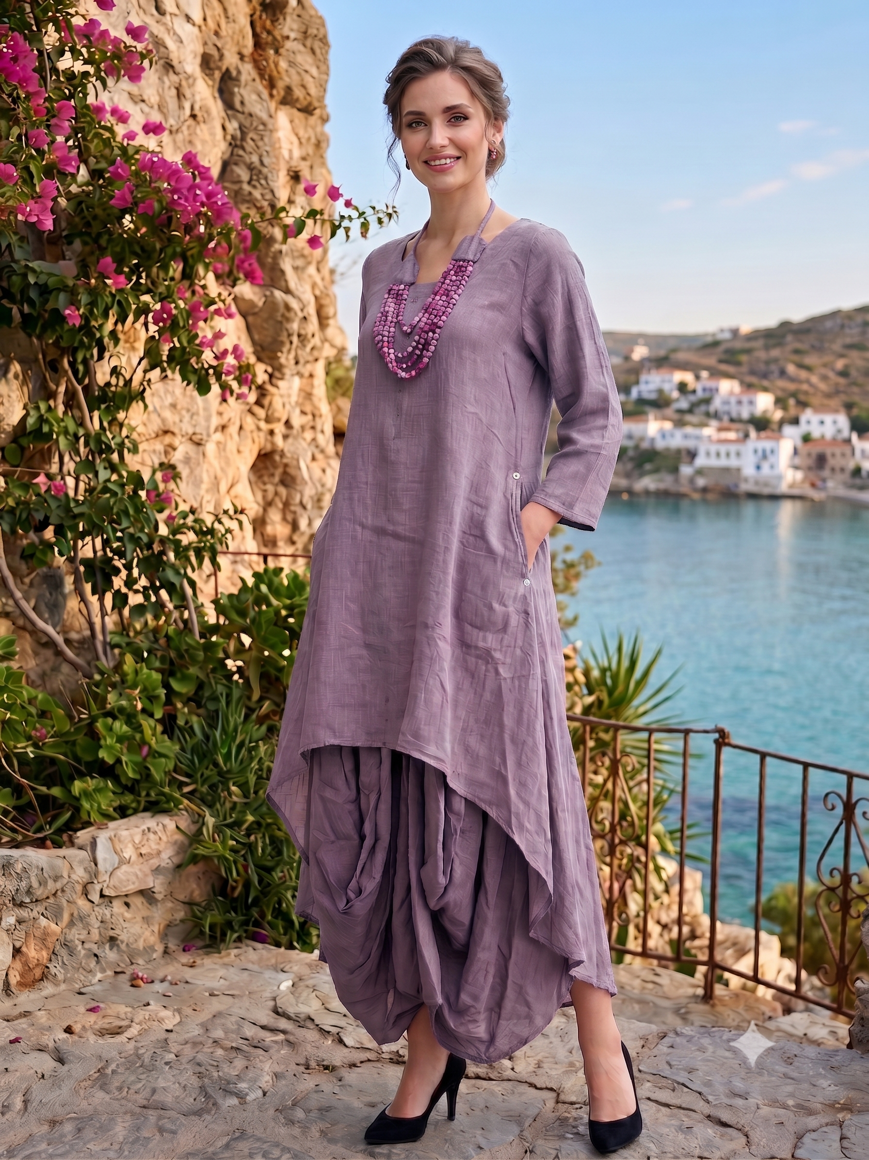 Dusty Iris Asymmetric Draped Cotton Dress