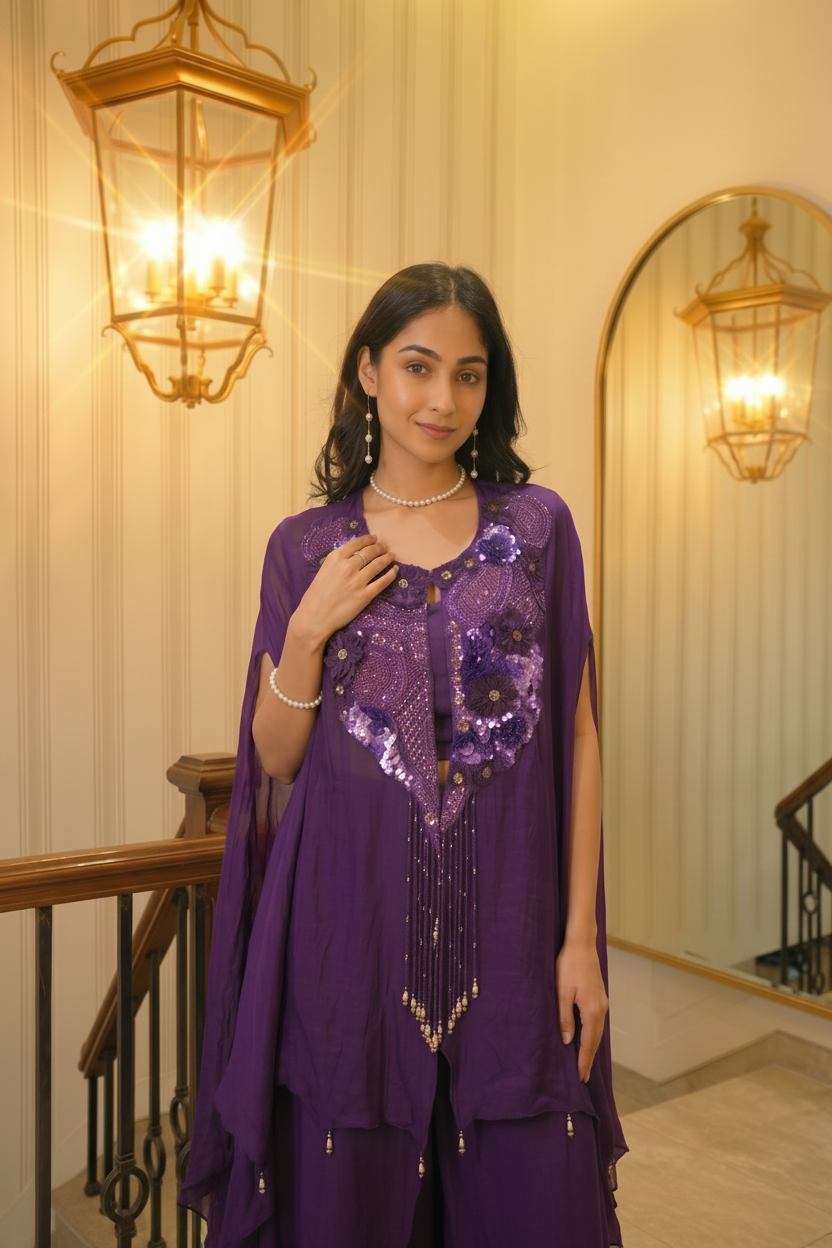 Royal Purple Embellished Chinon Silk Palazzo Set