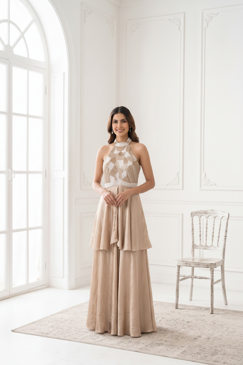 Nude Metallic Embellished Satin Silk Palazzo Set