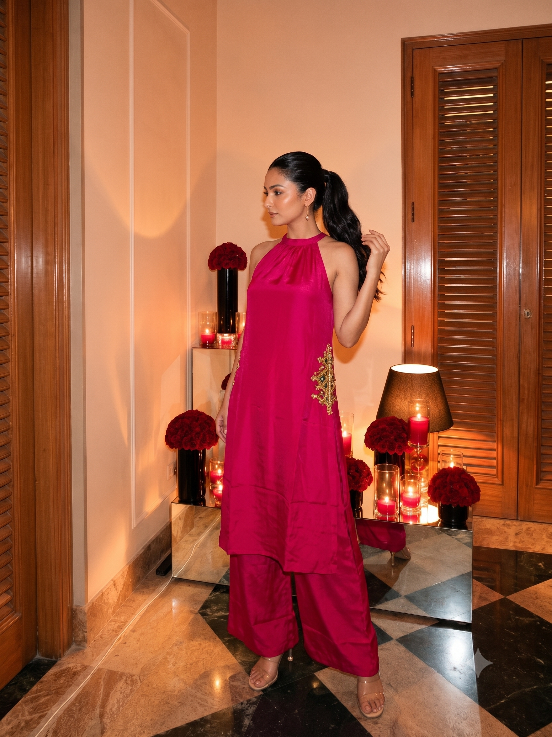 Blossom Pink Embellished Crepe Silk Palazzo Set