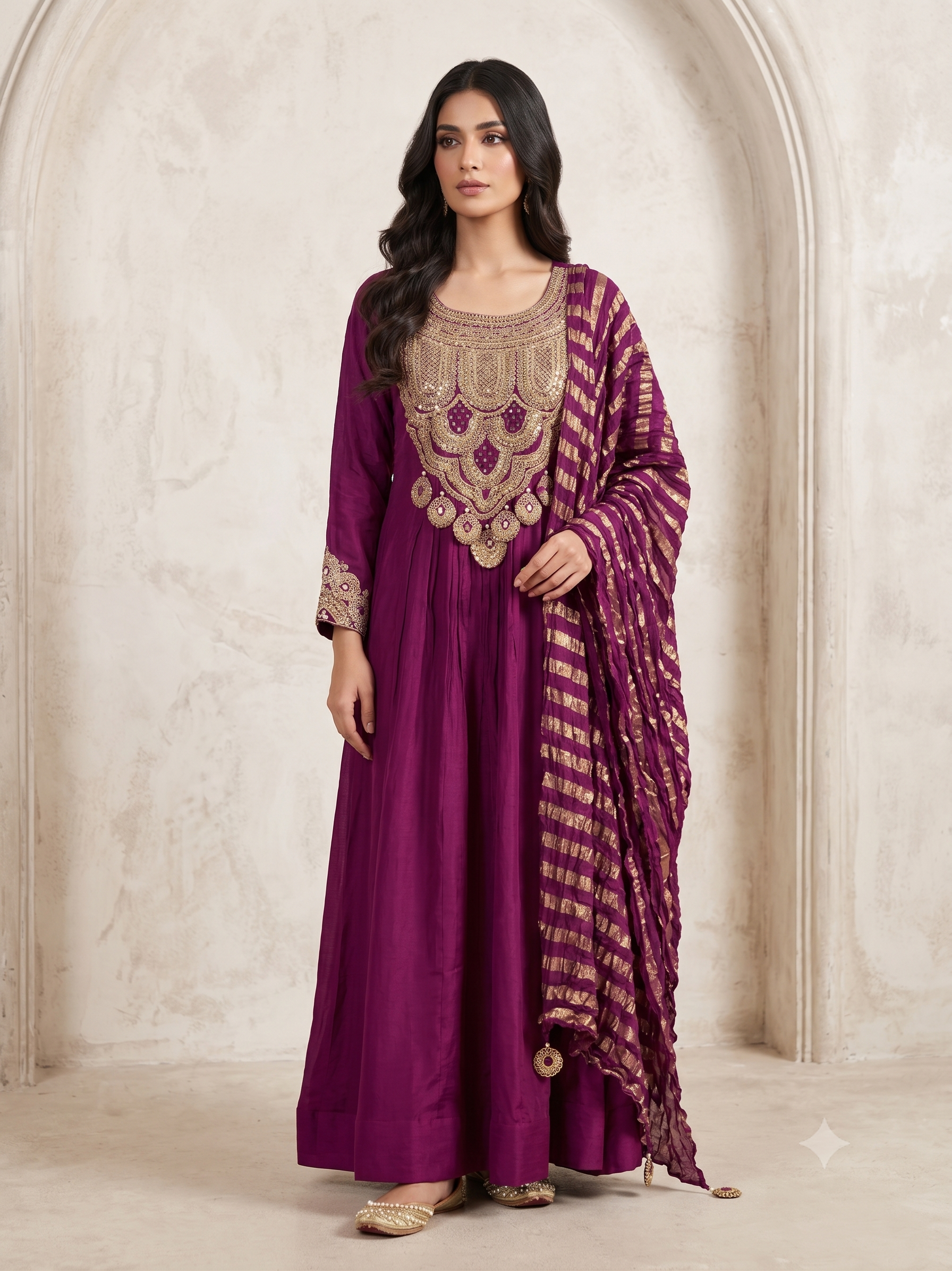 Deep Violet Embellished Chinon Silk Anarkali Set