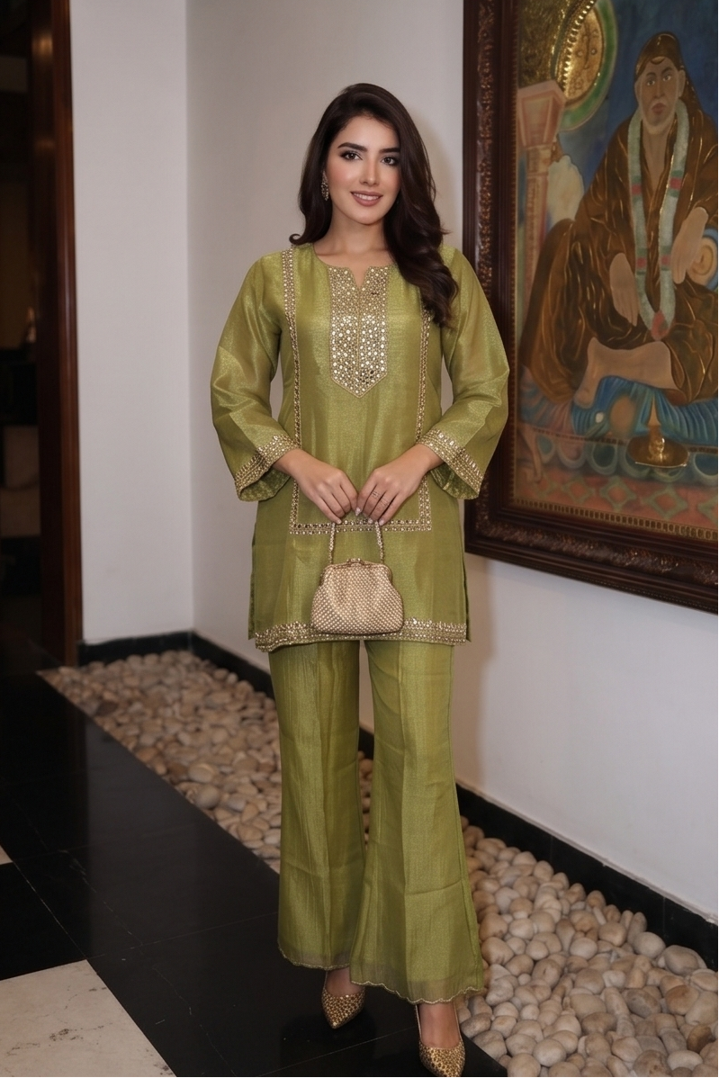 Metallic Moss Green Embellished Tissue Silk Palazzo Set