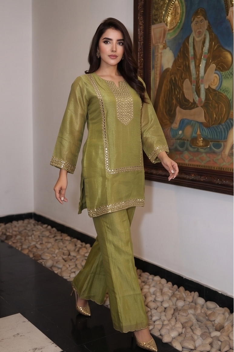 Metallic Moss Green Embellished Tissue Silk Palazzo Set