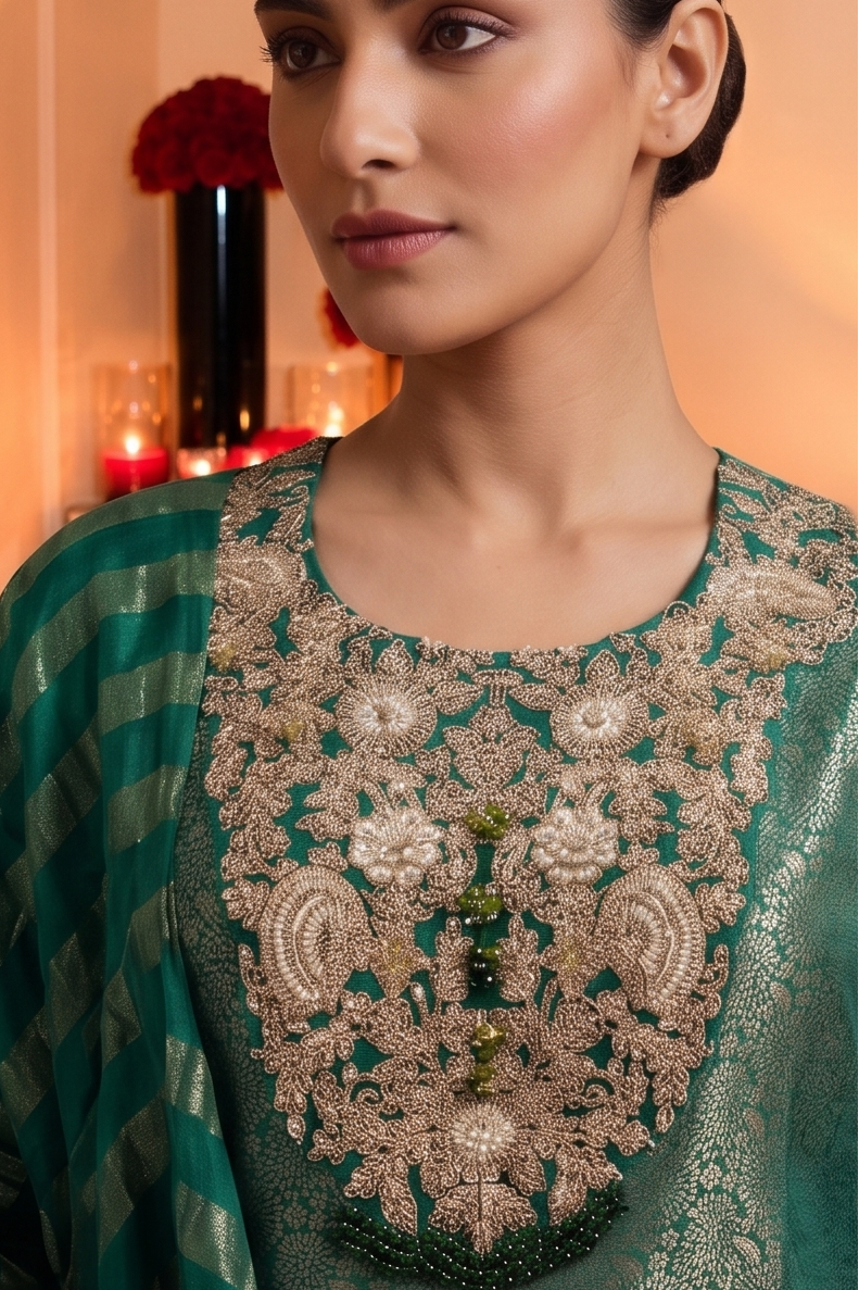 Royal Green Embellished Brocade Silk Palazzo Set