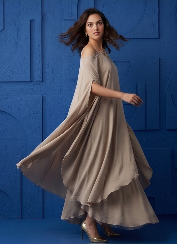 Champagne Beige Embellished Georgette Silk Skirt Set