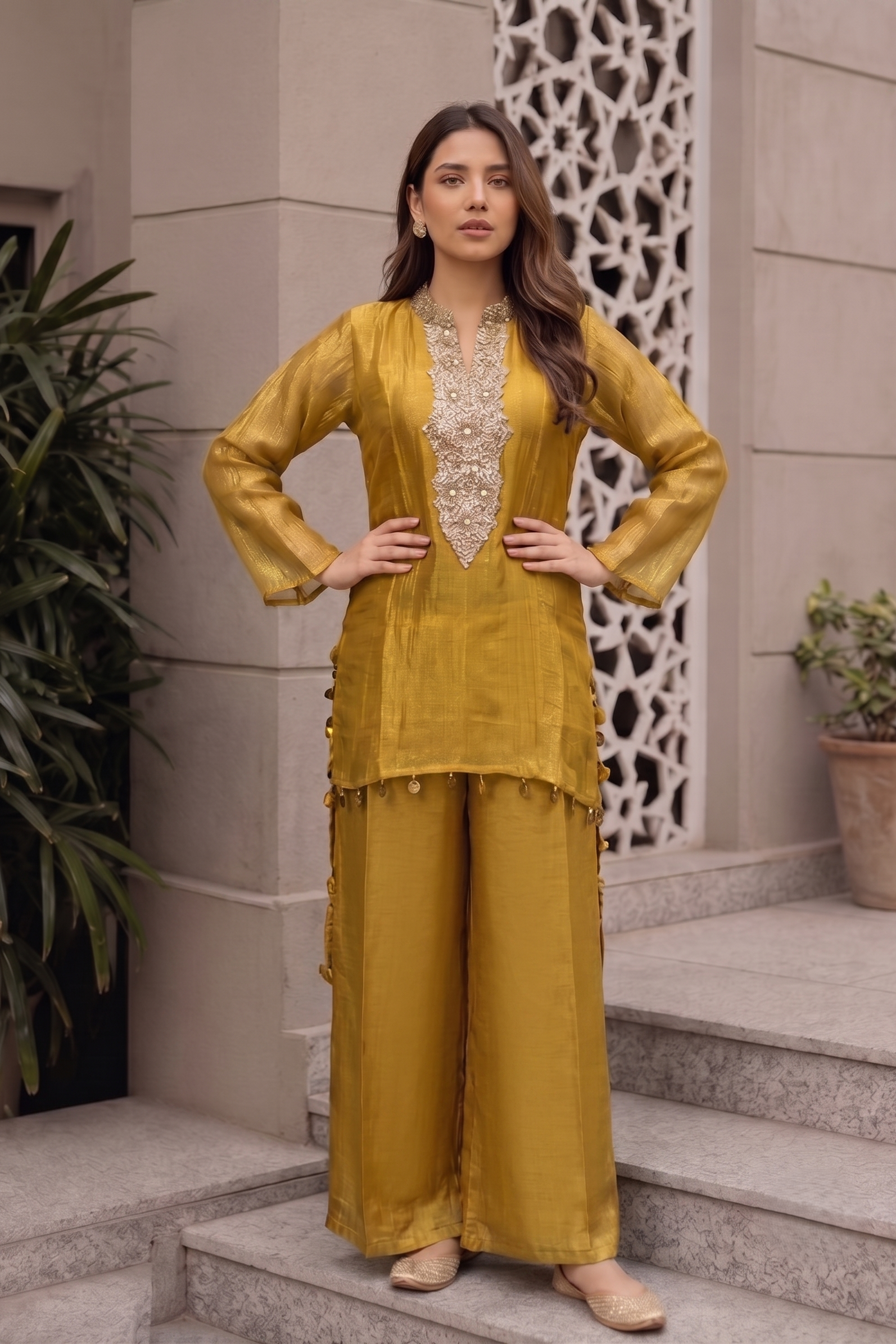 Mustard Gold Embellished Shimmer Tissue Silk Co-Ord Set