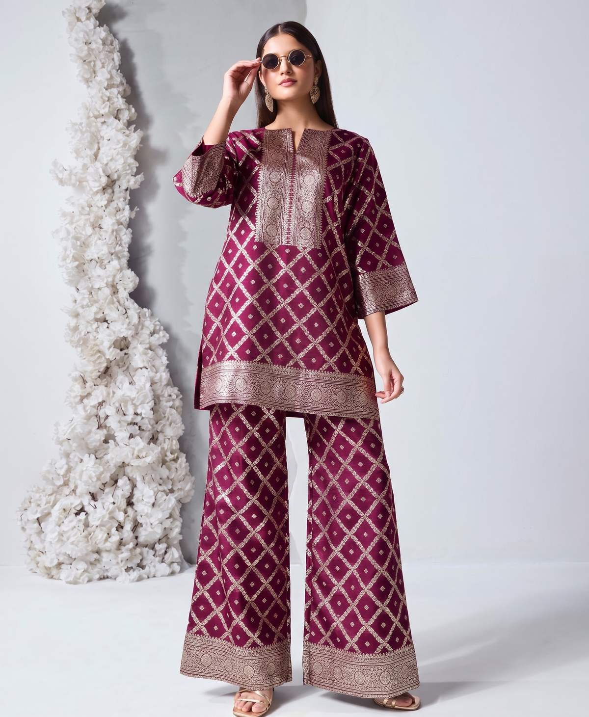 Plum Pink Embellished Viscose Silk Co-Ord Set