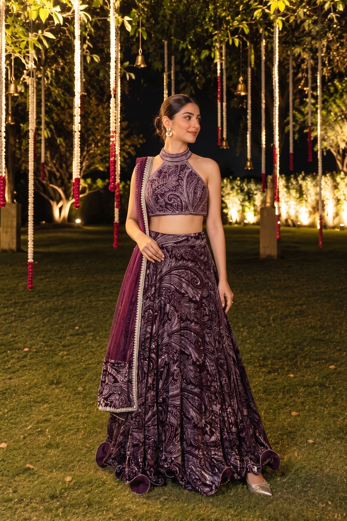 Deep Wine Embellished Velvet Silk Lehenga Set