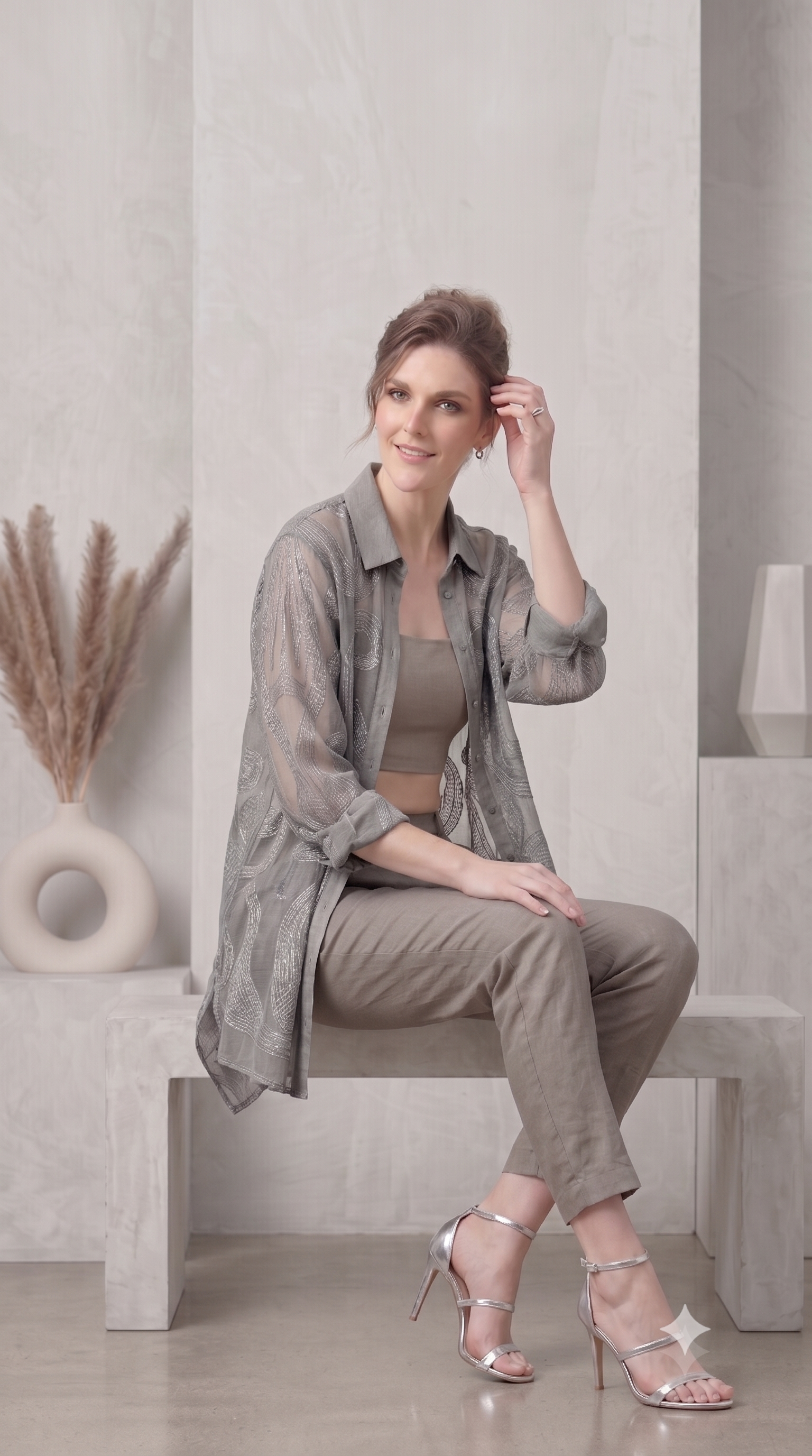 Grey Mist Embroidered Organza Silk Co-Ord Set