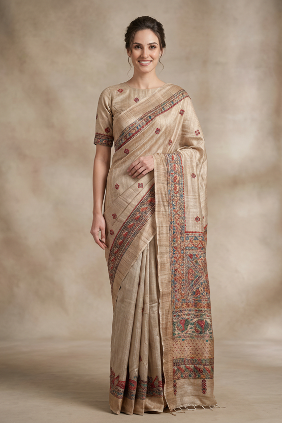 Beige Embroidered Pure Tussar Silk Saree